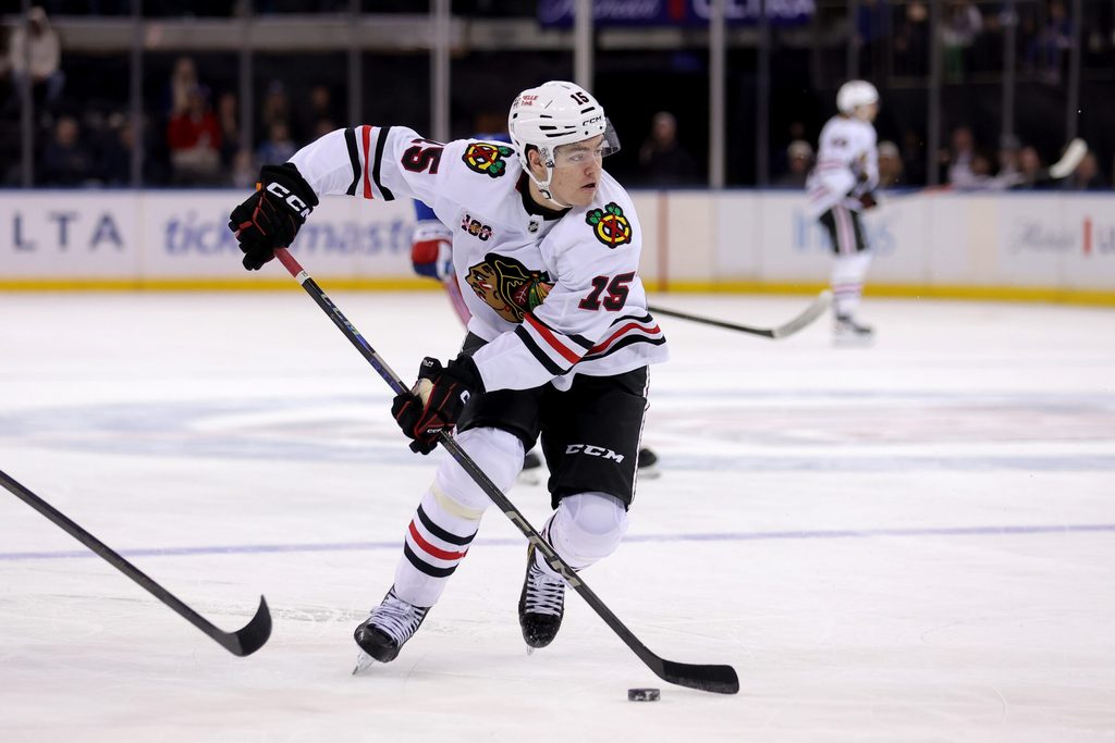 Mar 27, 2026; New York, New York, USA; Chicago Blackhawks center Anton Frondell (15) skates with the puck against the New York Rangers during the third period at Madison Square Garden. Mandatory Credit: Brad Penner-Imagn Images