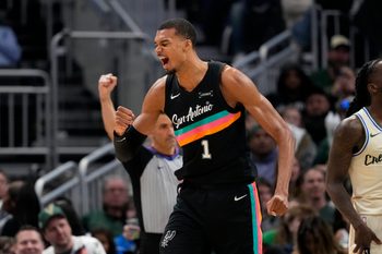 Mar 28, 2026; Milwaukee, Wisconsin, USA;  San Antonio Spurs forward Victor Wembanyama (1) celebrates after scoring a basket during the fourth quarter against the Milwaukee Bucks at Fiserv Forum. Mandatory Credit: Jeff Hanisch-Imagn Images