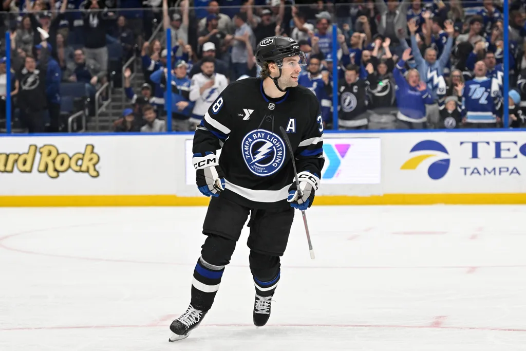 Mar 28, 2026; Tampa, Florida, USA; Tampa Bay left wing Brandon Hagel (38) skates during the third period against Ottawa Senators at Benchmark International Arena. Mandatory Credit: Pablo Robles-Imagn Images
