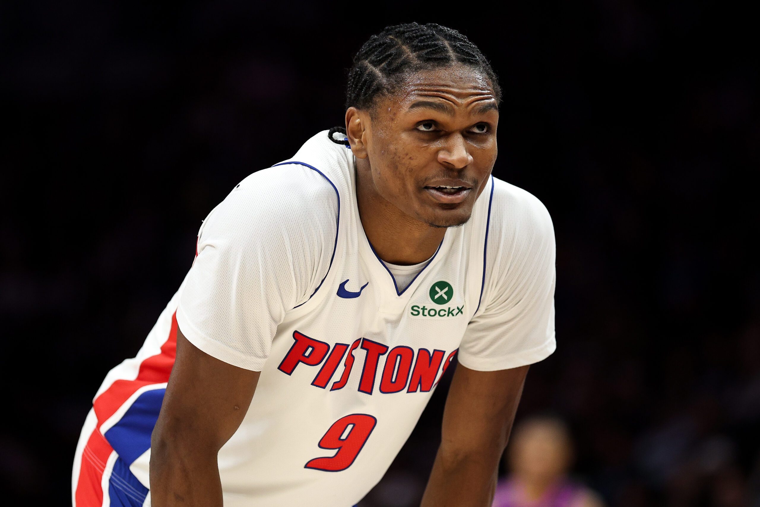 Mar 28, 2026; Minneapolis, Minnesota, USA; Detroit Pistons guard Ausar Thompson (9) looks on during the second half against the Minnesota Timberwolves at Target Center. Mandatory Credit: Matt Krohn-Imagn Images