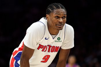 Mar 28, 2026; Minneapolis, Minnesota, USA; Detroit Pistons guard Ausar Thompson (9) looks on during the second half against the Minnesota Timberwolves at Target Center. Mandatory Credit: Matt Krohn-Imagn Images