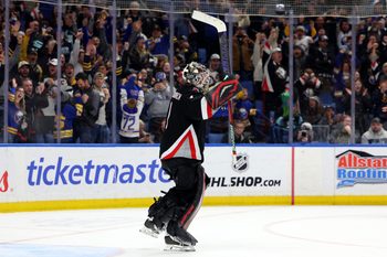 Mar 28, 2026; Buffalo, New York, USA;  Buffalo Sabres goaltender Ukko-Pekka Luukkonen (1) reacts after winning the game in a shootout against the Seattle Kraken at KeyBank Center. Mandatory Credit: Timothy T. Ludwig-Imagn Images