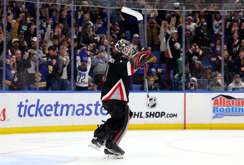 Mar 28, 2026; Buffalo, New York, USA; Buffalo Sabres goaltender Ukko-Pekka Luukkonen (1) reacts after winning the game in a shootout against the Seattle Kraken at KeyBank Center. Mandatory Credit: Timothy T. Ludwig-Imagn Images