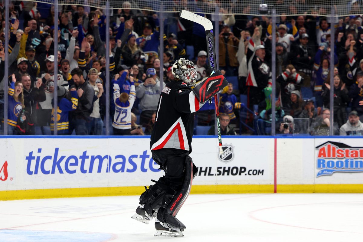 Mar 28, 2026; Buffalo, New York, USA; Buffalo Sabres goaltender Ukko-Pekka Luukkonen (1) reacts after winning the game in a shootout against the Seattle Kraken at KeyBank Center. Mandatory Credit: Timothy T. Ludwig-Imagn Images
