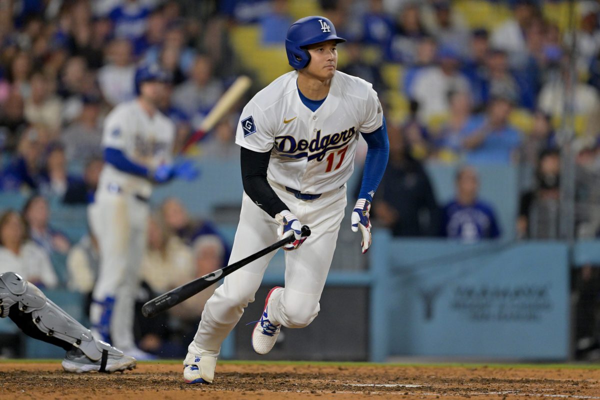 Mar 28, 2026; Los Angeles, California, USA; Los Angeles Dodgers designated hitter Shohei Ohtani (17) grounds out during the eighth inning against the Arizona Diamondbacks at Dodger Stadium. Mandatory Credit: Jayne Kamin-Oncea-Imagn Images