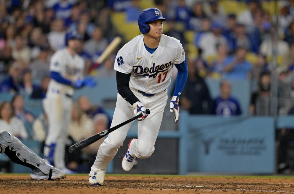 Mar 28, 2026; Los Angeles, California, USA; Los Angeles Dodgers designated hitter Shohei Ohtani (17) grounds out during the eighth inning against the Arizona Diamondbacks at Dodger Stadium. Mandatory Credit: Jayne Kamin-Oncea-Imagn Images