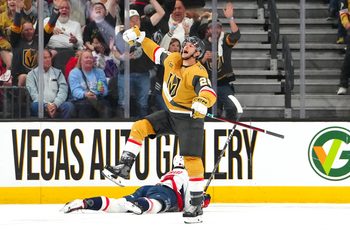 Mar 28, 2026; Las Vegas, Nevada, USA; Vegas Golden Knights center Nic Dowd (26) celebrates after scoring a short handed goal against the Washington Capitals during the second period at T-Mobile Arena. Mandatory Credit: Stephen R. Sylvanie-Imagn Images