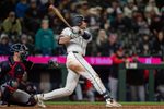 Mar 28, 2026; Seattle, Washington, USA; Seattle Mariners right fielder Luke Raley (20) hits a two-run home run during the tenth inning against the Cleveland Guardians at T-Mobile Park. Mandatory Credit: Stephen Brashear-Imagn Images