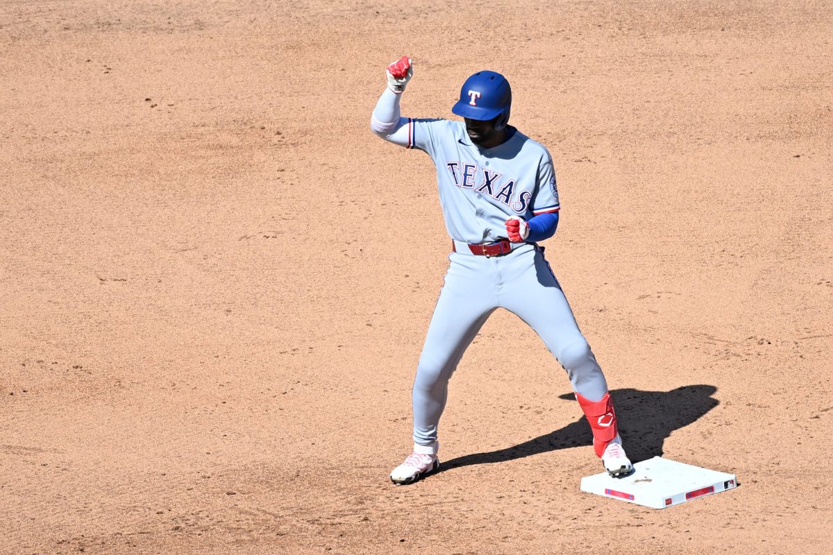 Mar 29, 2026; Philadelphia, Pennsylvania, USA; Texas Rangers center fielder Andrew McCutchen (4) reacts after hitting double against the Philadelphia Phillies during the sixth inning at Citizens Bank Park. Mandatory Credit: Eric Hartline-Imagn Images