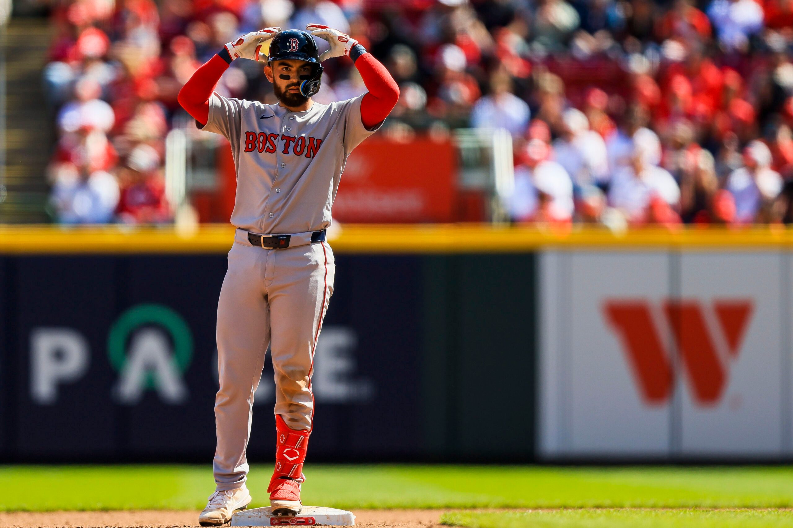 Mar 29, 2026; Cincinnati, Ohio, USA; Boston Red Sox catcher Connor Wong (12) reacts after hitting a double in the seventh inning against the Cincinnati Reds at Great American Ball Park. Mandatory Credit: Katie Stratman-Imagn Images