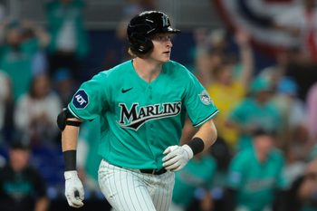 Mar 29, 2026; Miami, Florida, USA; Miami Marlins right fielder Owen Caissie (17) rounds the bases after hitting a two-run walk-off home run against the Colorado Rockies during the ninth inning at loanDepot Park. Mandatory Credit: Sam Navarro-Imagn Images