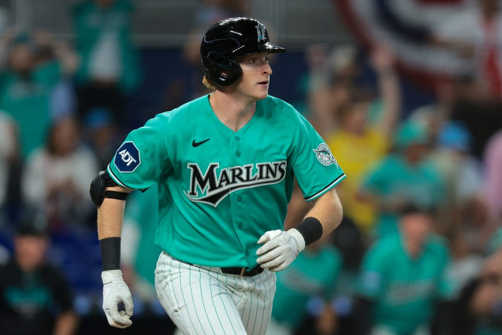 Mar 29, 2026; Miami, Florida, USA; Miami Marlins right fielder Owen Caissie (17) rounds the bases after hitting a two-run walk-off home run against the Colorado Rockies during the ninth inning at loanDepot Park. Mandatory Credit: Sam Navarro-Imagn Images
