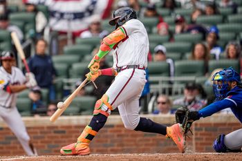 Mar 29, 2026; Cumberland, Georgia, USA; Atlanta Braves right fielder Ronald Acuna Jr. (13) breaks his bat while grounding out against the Kansas City Royals during the eighth inning at Truist Park. Mandatory Credit: Dale Zanine-Imagn Images