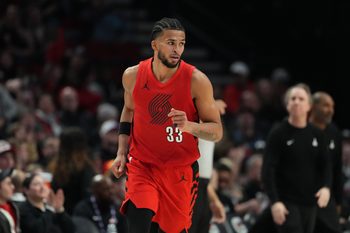 Mar 29, 2026; Portland, Oregon, USA; Portland Trail Blazers forward Toumani Camara (33) celebrates after a three-point basket during the second half against the Washington Wizards at Moda Center. Mandatory Credit: Soobum Im-Imagn Images