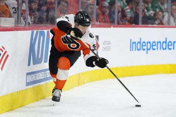 Mar 29, 2026; Philadelphia, Pennsylvania, USA; Philadelphia Flyers defenseman Emil Andrae (36) passes the puck against the Dallas Stars in the third period at Xfinity Mobile Arena. Mandatory Credit: Kyle Ross-Imagn Images