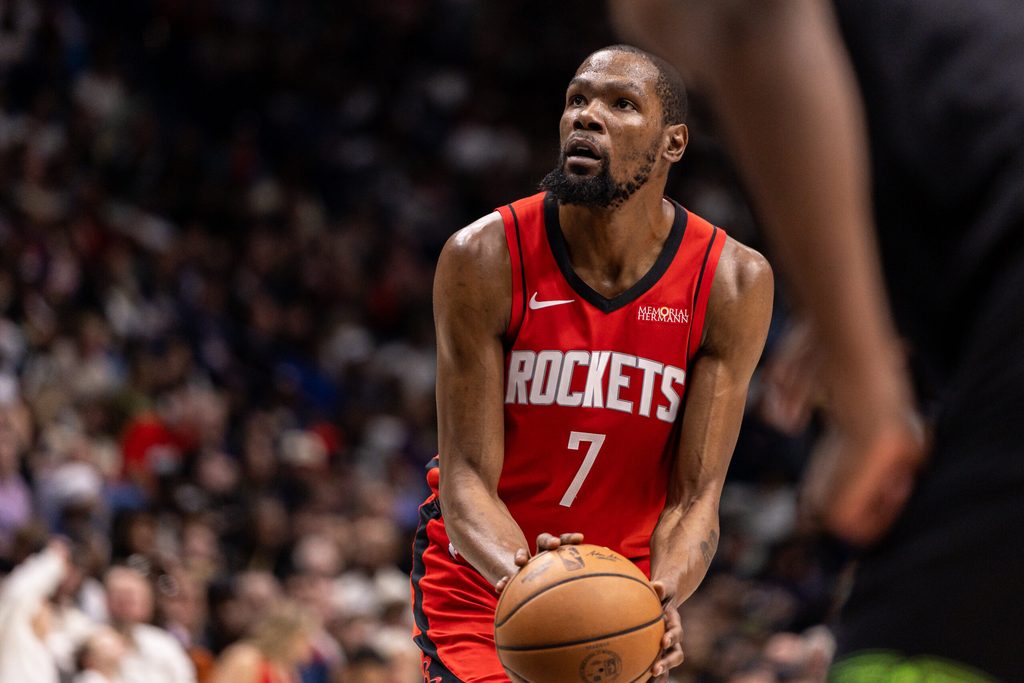 Mar 29, 2026; New Orleans, Louisiana, USA; Houston Rockets forward Kevin Durant (7) shoots a free throw against the New Orleans Pelicans during the second half at Smoothie King Center. Mandatory Credit: Stephen Lew-Imagn Images