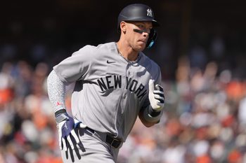 Mar 27, 2026; San Francisco, California, USA; New York Yankees right fielder Aaron Judge (99) rounds the bases after hitting a home run against the San Francisco Giants during the sixth inning at Oracle Park. Mandatory Credit: Darren Yamashita-Imagn Images