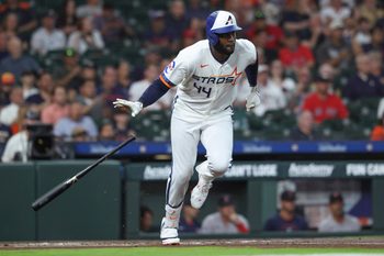 Mar 30, 2026; Houston, Texas, USA; Houston Astros designated hitter Yordan Alvarez (44) hits a single during the first inning against the Boston Red Sox at Daikin Park. Mandatory Credit: Troy Taormina-Imagn Images