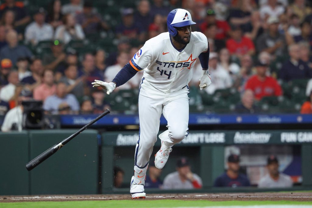 Mar 30, 2026; Houston, Texas, USA; Houston Astros designated hitter Yordan Alvarez (44) hits a single during the first inning against the Boston Red Sox at Daikin Park. Mandatory Credit: Troy Taormina-Imagn Images