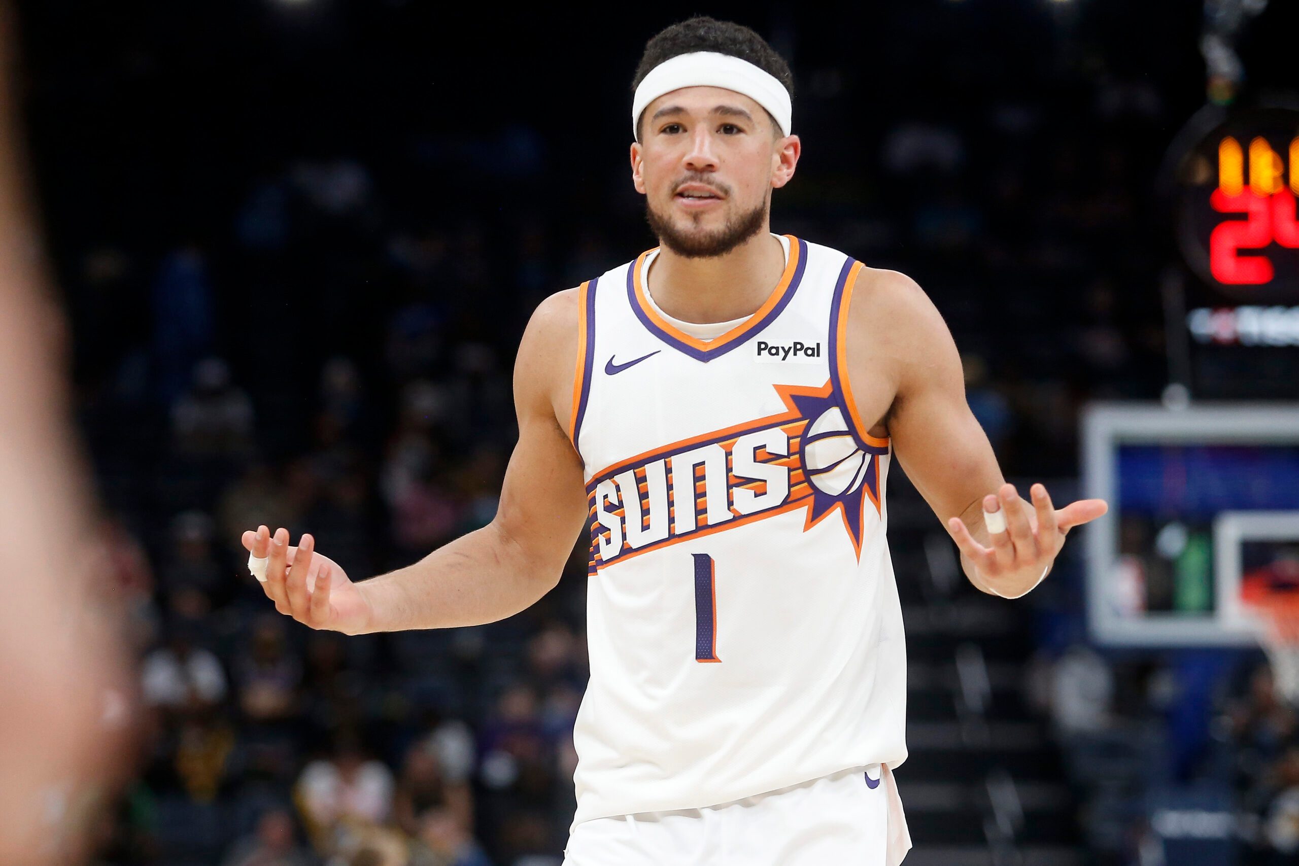 Mar 30, 2026; Memphis, Tennessee, USA; Phoenix Suns guard Devin Booker (1) reacts during the third quarter against the Memphis Grizzlies at FedExForum. Mandatory Credit: Petre Thomas-Imagn Images