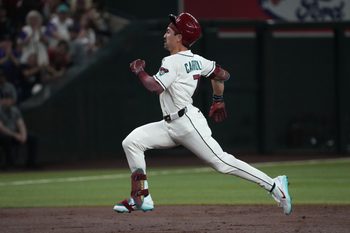 Mar 30, 2026; Phoenix, Arizona, USA; Arizona Diamondbacks right fielder Corbin Carroll (7) hits a triple against the Detroit Tigers in the first inning at Chase Field. Mandatory Credit: Rick Scuteri-Imagn Images