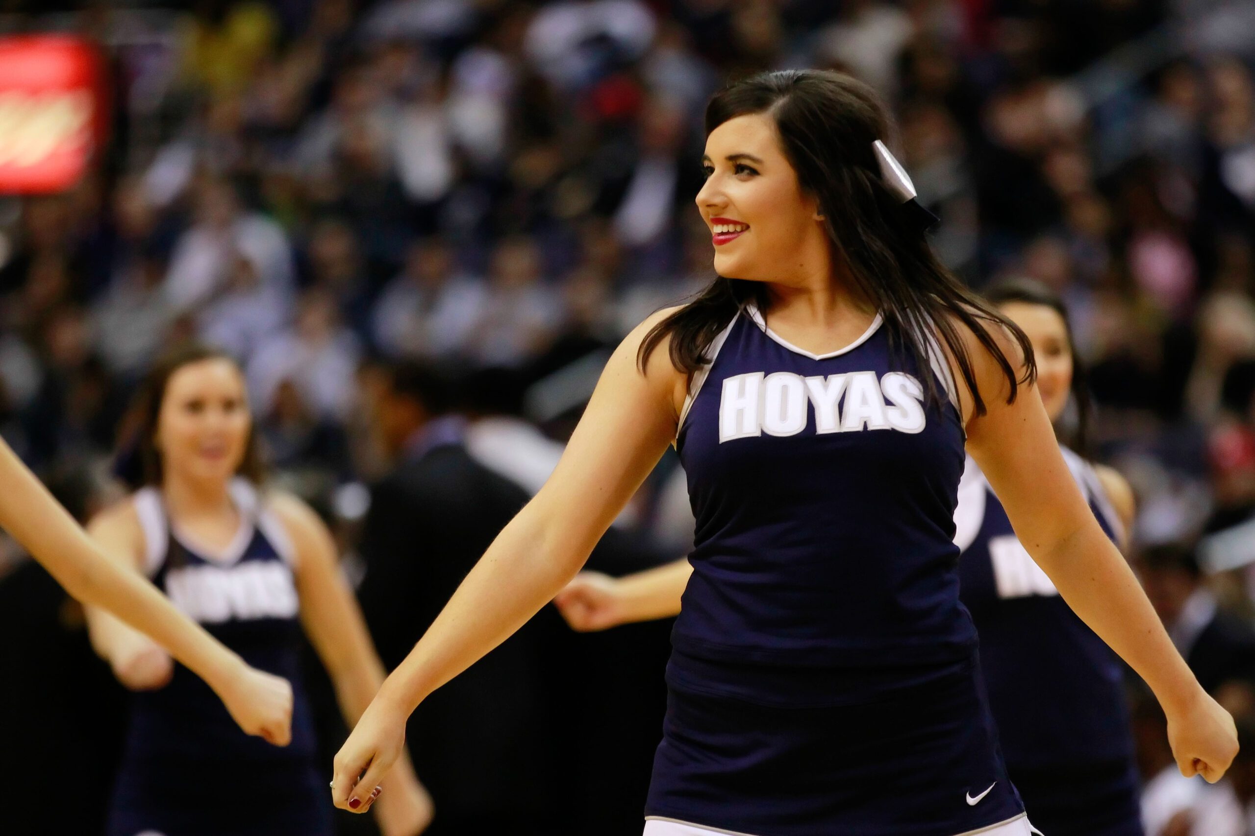 January 26, 2013; Washington, DC USA; Georgetown Hoyas cheerleaders dance during a stoppage in play against the Louisville Cardinals at Verizon Center. Mandatory Credit: Geoff Burke-Imagn Images
