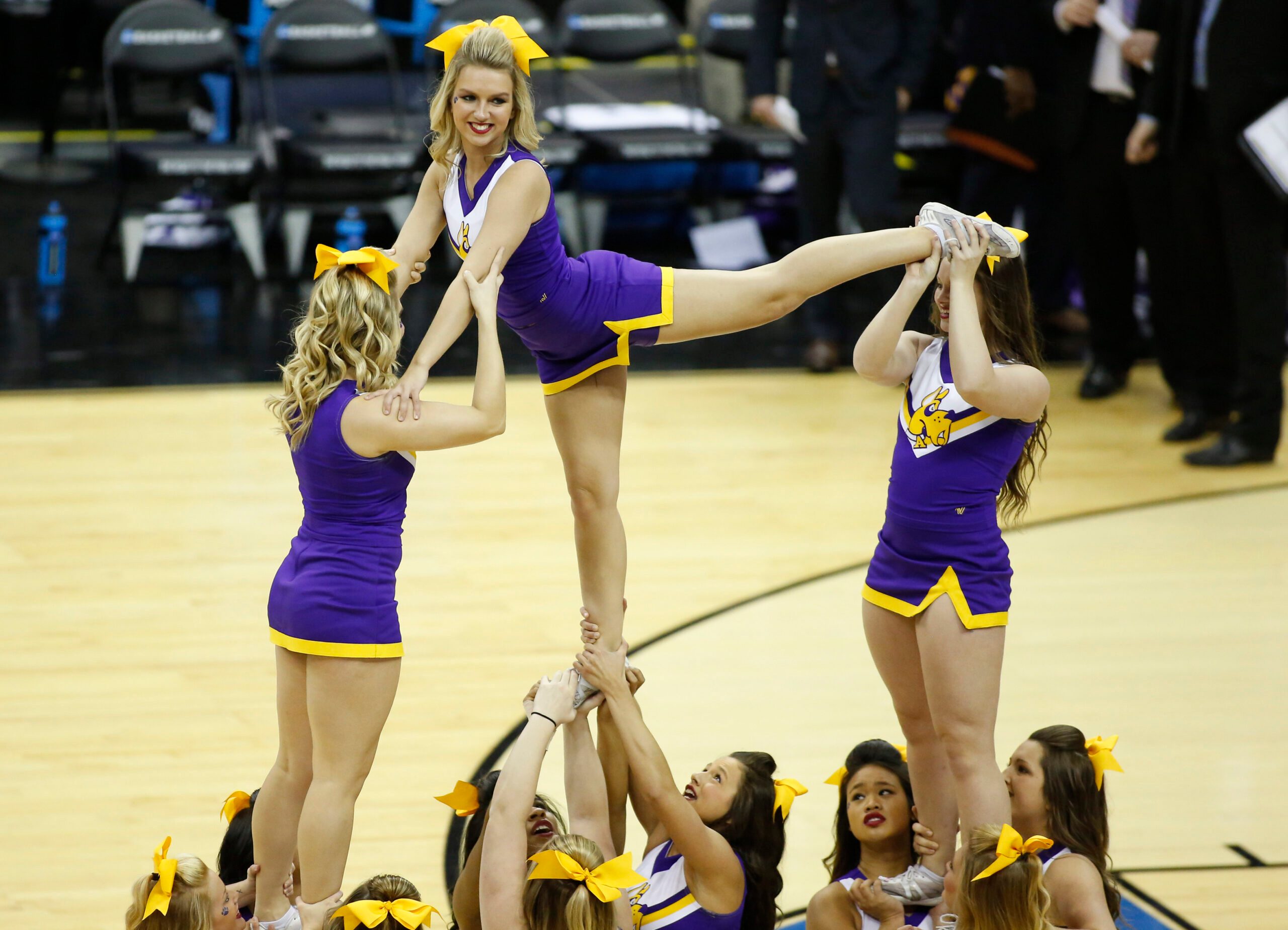 Mar 20, 2015; Columbus, OH, USA; Albany Great Danes cheerleaders during the second half against the Oklahoma Sooners in the second round of the 2015 NCAA Tournament at Nationwide Arena. Mandatory Credit: Joe Maiorana-Imagn Images