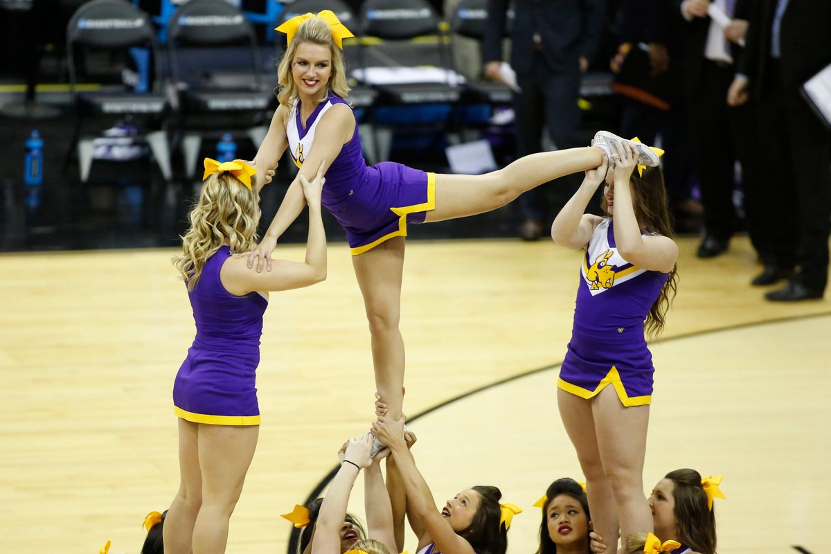 Mar 20, 2015; Columbus, OH, USA; Albany Great Danes cheerleaders during the second half against the Oklahoma Sooners in the second round of the 2015 NCAA Tournament at Nationwide Arena. Mandatory Credit: Joe Maiorana-Imagn Images