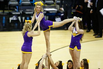 Mar 20, 2015; Columbus, OH, USA; Albany Great Danes cheerleaders during the second half against the Oklahoma Sooners in the second round of the 2015 NCAA Tournament at Nationwide Arena. Mandatory Credit: Joe Maiorana-Imagn Images