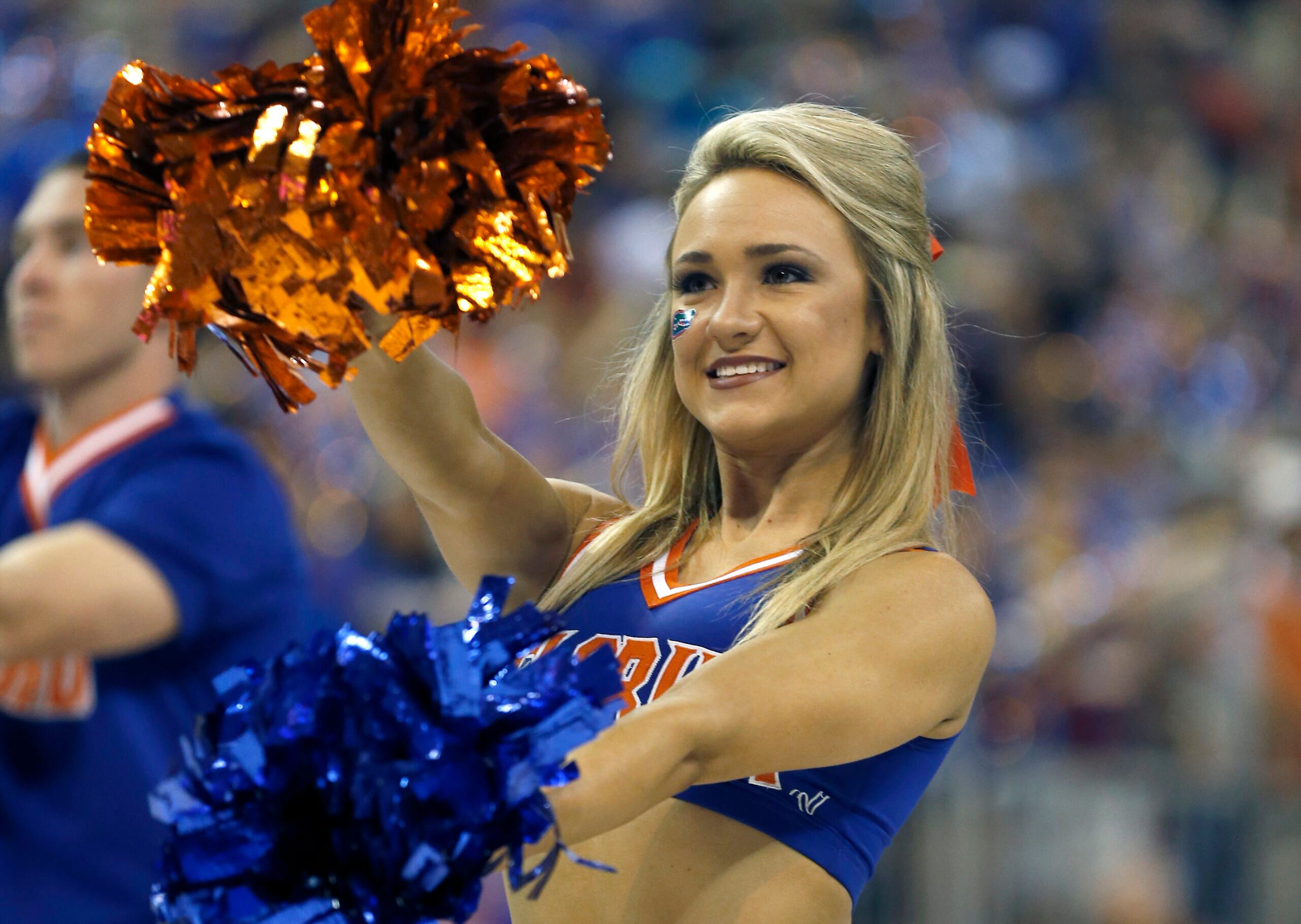 Feb 23, 2016; Gainesville, FL, USA; Florida Gators cheerleaders perform during the first half of a basketball game against the Vanderbilt Commodores at the Stephen C. O'Connell Center. Mandatory Credit: Reinhold Matay-Imagn Images