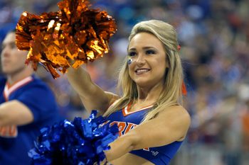 Feb 23, 2016; Gainesville, FL, USA; Florida Gators cheerleaders perform during the first half of a basketball game against the Vanderbilt Commodores at the Stephen C. O'Connell Center. Mandatory Credit: Reinhold Matay-Imagn Images
