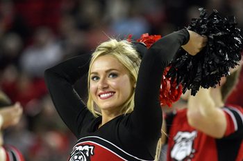 Jan 4, 2017; Athens, GA, USA; A Georgia Bulldogs cheerleader on the court against the South Carolina Gamecocks during the second half at Stegeman Coliseum. South Carolina defeated Georgia 67-61. Mandatory Credit: Dale Zanine-Imagn Images