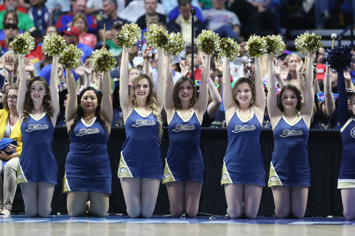 Mar 17, 2017; Tulsa, OK, USA; UC Davis Aggies cheerleaders perform during the first half against the Kansas Jayhawks in the first round of the 2017 NCAA Tournament at BOK Center. Mandatory Credit: Kevin Jairaj-Imagn Images
