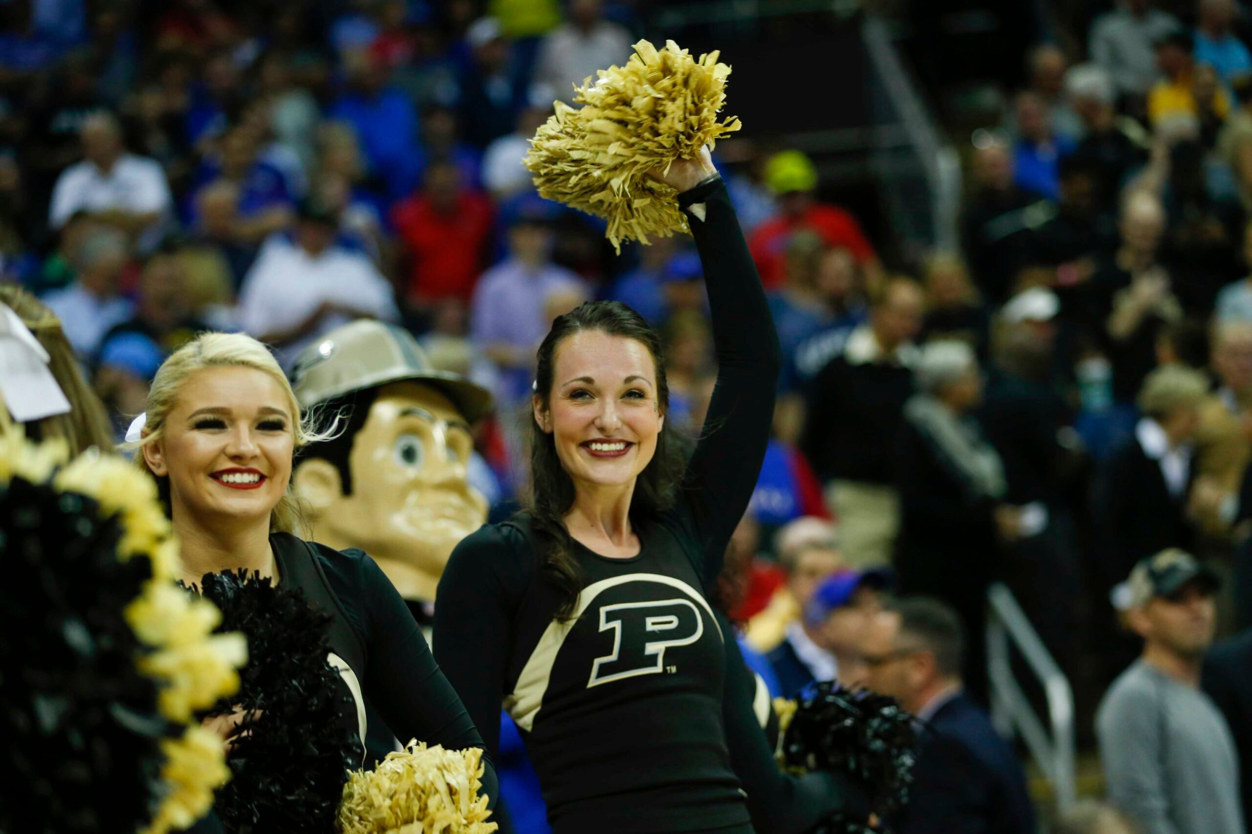Mar 23, 2017; Kansas City, MO, USA; Purdue Boilermakers cheerleaders perform during the first half against the Kansas Jayhawks in the semifinals of the midwest Regional of the 2017 NCAA Tournament at Sprint Center. Mandatory Credit: Jay Biggerstaff-Imagn Images