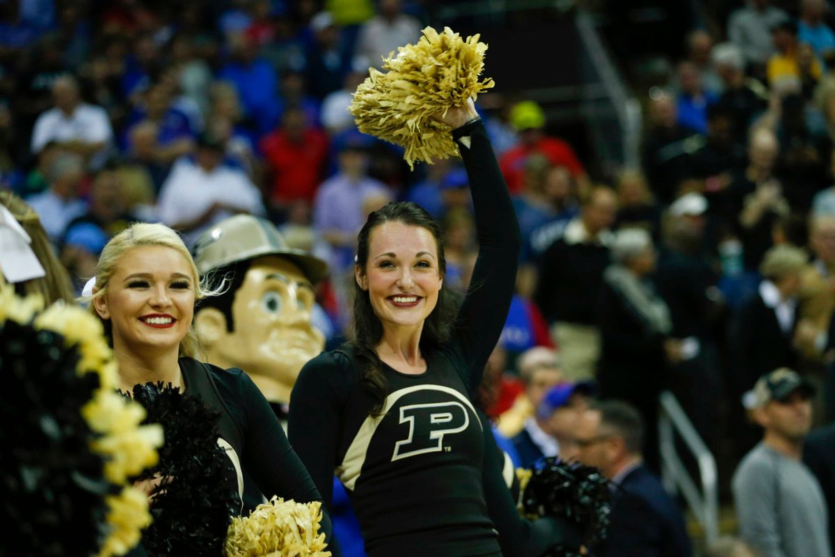 Mar 23, 2017; Kansas City, MO, USA; Purdue Boilermakers cheerleaders perform during the first half against the Kansas Jayhawks in the semifinals of the midwest Regional of the 2017 NCAA Tournament at Sprint Center. Mandatory Credit: Jay Biggerstaff-Imagn Images