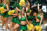 Apr 1, 2017; Glendale, AZ, USA; Oregon Ducks cheerleaders perform during the first half against the North Carolina Tar Heels in the semifinals of the 2017 NCAA Men's Final Four at University of Phoenix Stadium. Mandatory Credit: Mark J. Rebilas-Imagn Images