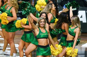 Apr 1, 2017; Glendale, AZ, USA; Oregon Ducks cheerleaders perform during the first half against the North Carolina Tar Heels in the semifinals of the 2017 NCAA Men's Final Four at University of Phoenix Stadium. Mandatory Credit: Mark J. Rebilas-Imagn Images