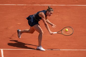 May 28, 2023; Paris, France; Marta Kostyuk (UKR) returns a shot in her first round match against Aryna Sabalenka on day one at Stade Roland-Garros. Mandatory Credit: Susan Mullane-Imagn Images