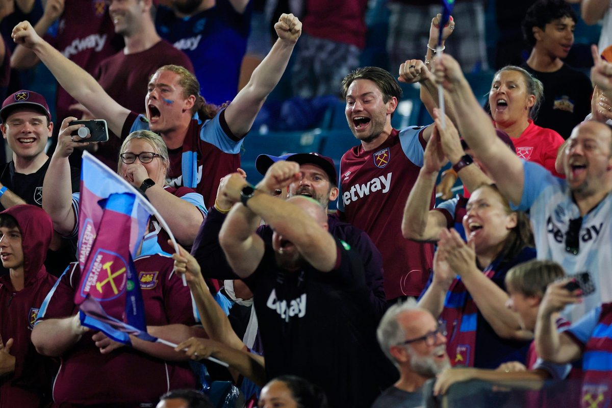 West Ham United fans cheer the tying goal 1-1 during the first half of The Stateside Cup soccer tournament game Saturday, July 27, 2024 at EverBank Stadium in Jacksonville, Fla. The Wolverhampton Wanderers defeated West Ham United 3-1 in exhibition play. The Wolverhampton Wanderers defeated West Ham United 3-1 in exhibition play.