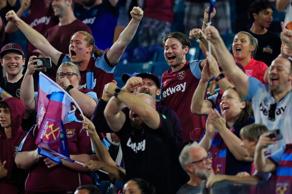 West Ham United fans cheer the tying goal 1-1 during the first half of The Stateside Cup soccer tournament game Saturday, July 27, 2024 at EverBank Stadium in Jacksonville, Fla. The Wolverhampton Wanderers defeated West Ham United 3-1 in exhibition play. The Wolverhampton Wanderers defeated West Ham United 3-1 in exhibition play.