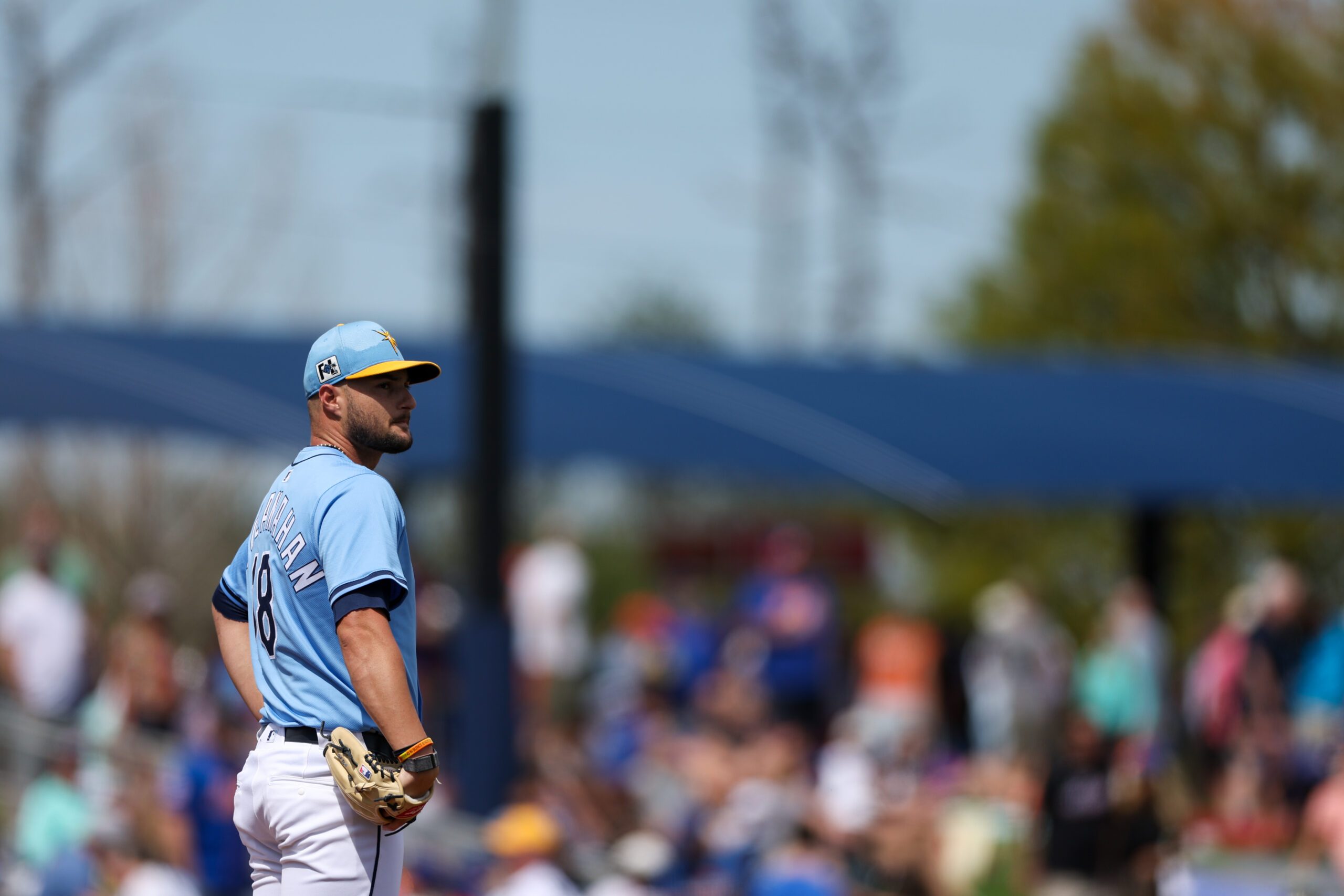 Mar 1, 2025; Port Charlotte, Florida, USA; Tampa Bay Rays pitcher Shane McClanahan (18) gets ready to throw a pitch against the Toronto Blue Jays in the first inning during spring training at Charlotte Sports Park. Mandatory Credit: Nathan Ray Seebeck-Imagn Images