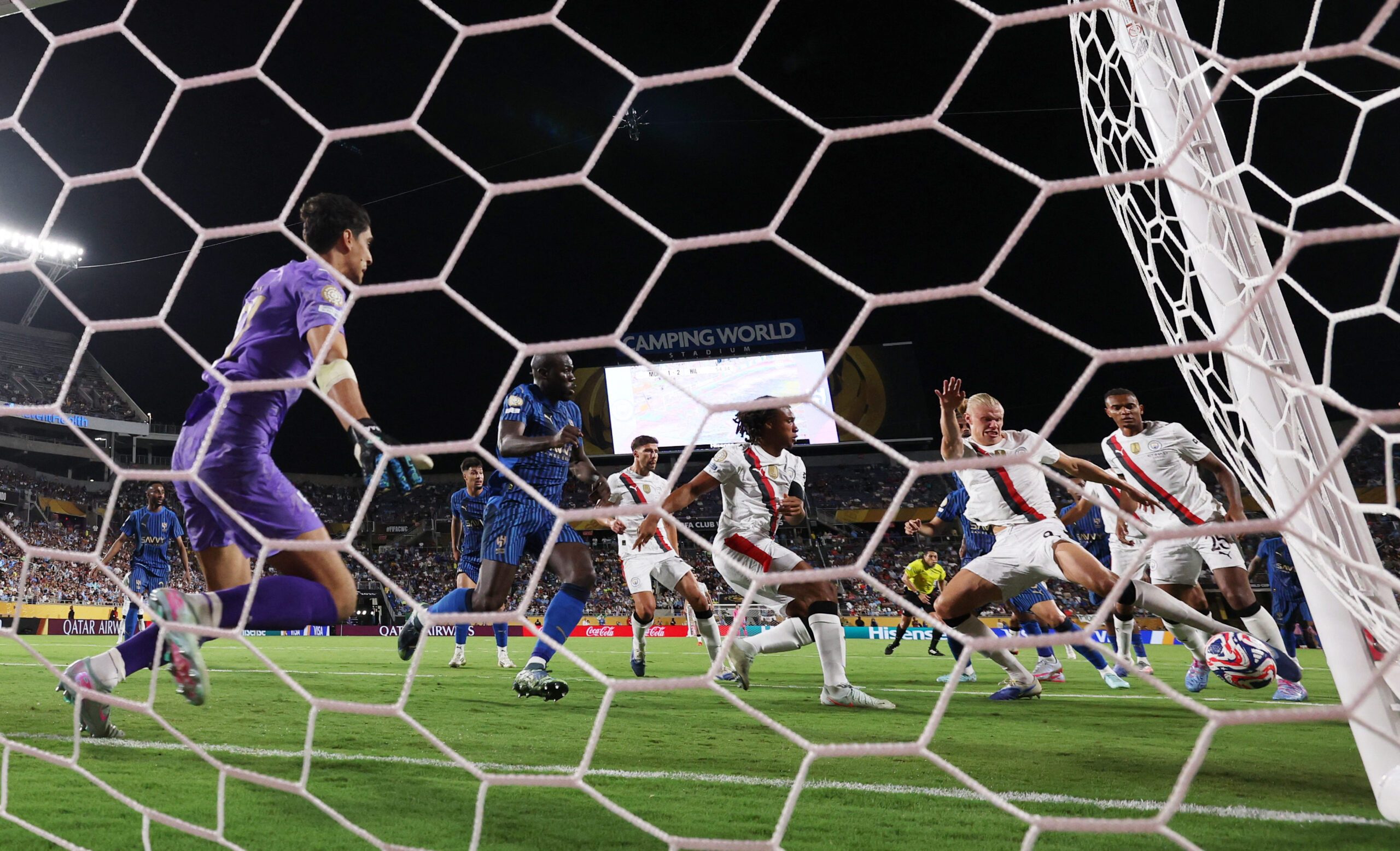 [Subscription Customers Only] Jun 30, 2025; Orlando, Florida, USA; Manchester City forward Erling Haaland (9) scores their second goal  during a round of 16 match of the 2025 FIFA Club World Cup at Camping World Stadium. Mandatory Credit: Lee Smith-Reuters via Imagn Images
