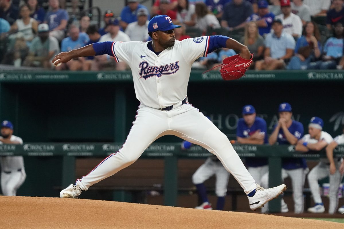 Jul 26, 2025; Arlington, Texas, USA; Texas Rangers starting pitcher Kumar Rocker (80) throws to the plate during the first inning against the Atlanta Braves at Globe Life Field. Mandatory Credit: Raymond Carlin III-Imagn Images