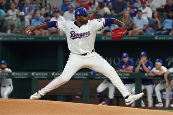 Jul 26, 2025; Arlington, Texas, USA; Texas Rangers starting pitcher Kumar Rocker (80) throws to the plate during the first inning against the Atlanta Braves at Globe Life Field. Mandatory Credit: Raymond Carlin III-Imagn Images