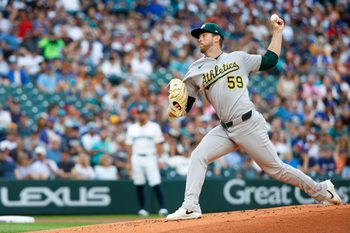 Aug 23, 2025; Seattle, Washington, USA; Athletics starting pitcher Jeffrey Springs (59) throws against the Seattle Mariners during the first inning at T-Mobile Park. Mandatory Credit: Joe Nicholson-Imagn Images