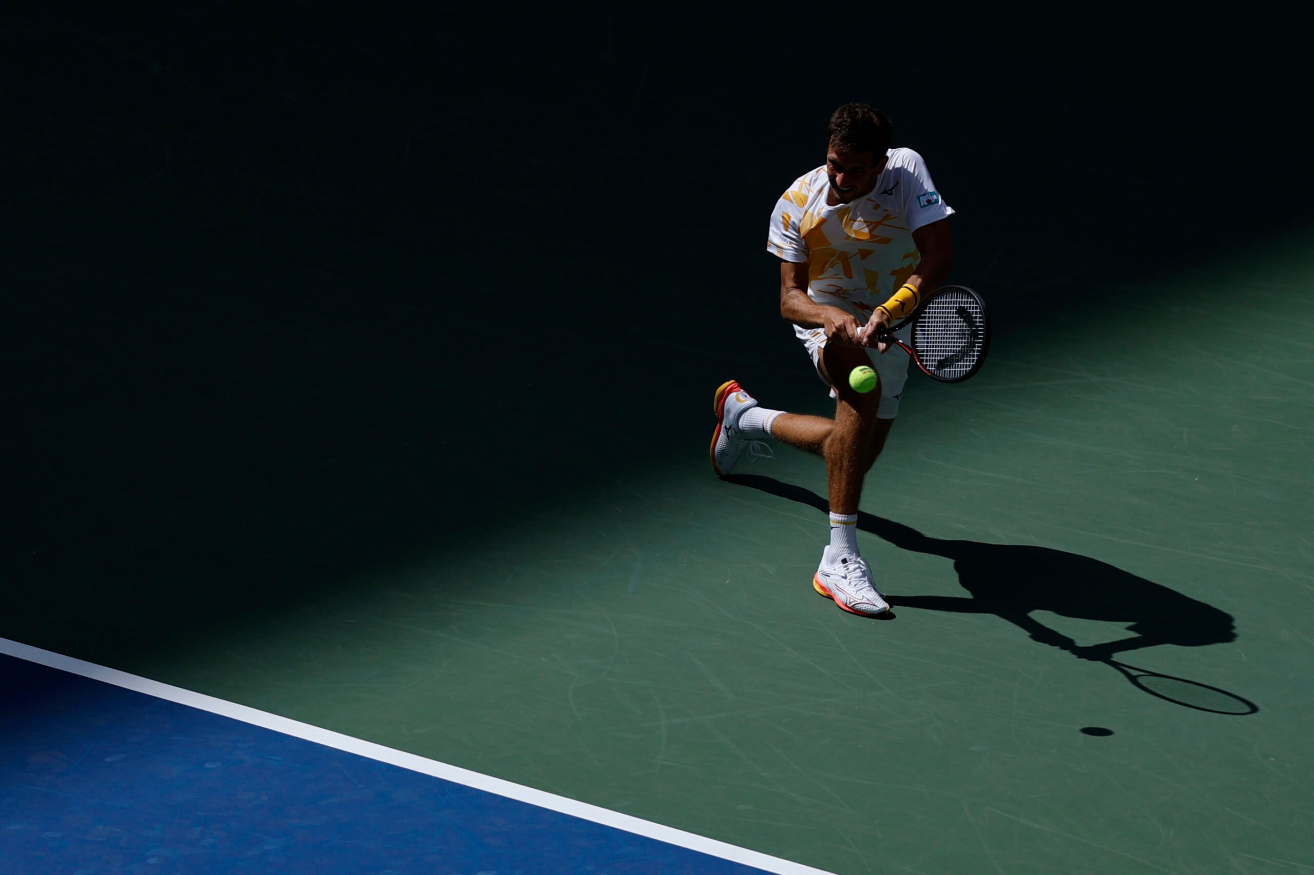 Aug 26, 2025; Flushing, NY, USA; Vit Kopriva (CZE) hits the ball to Jannik Sinner (ITA)(not pictured) on day three of the 2025 U.S. Open tennis tournament at the USTA Billie Jean King National Tennis Center at Billie Jean King National Tennis Center. Mandatory Credit: Amber Searls-Imagn Images