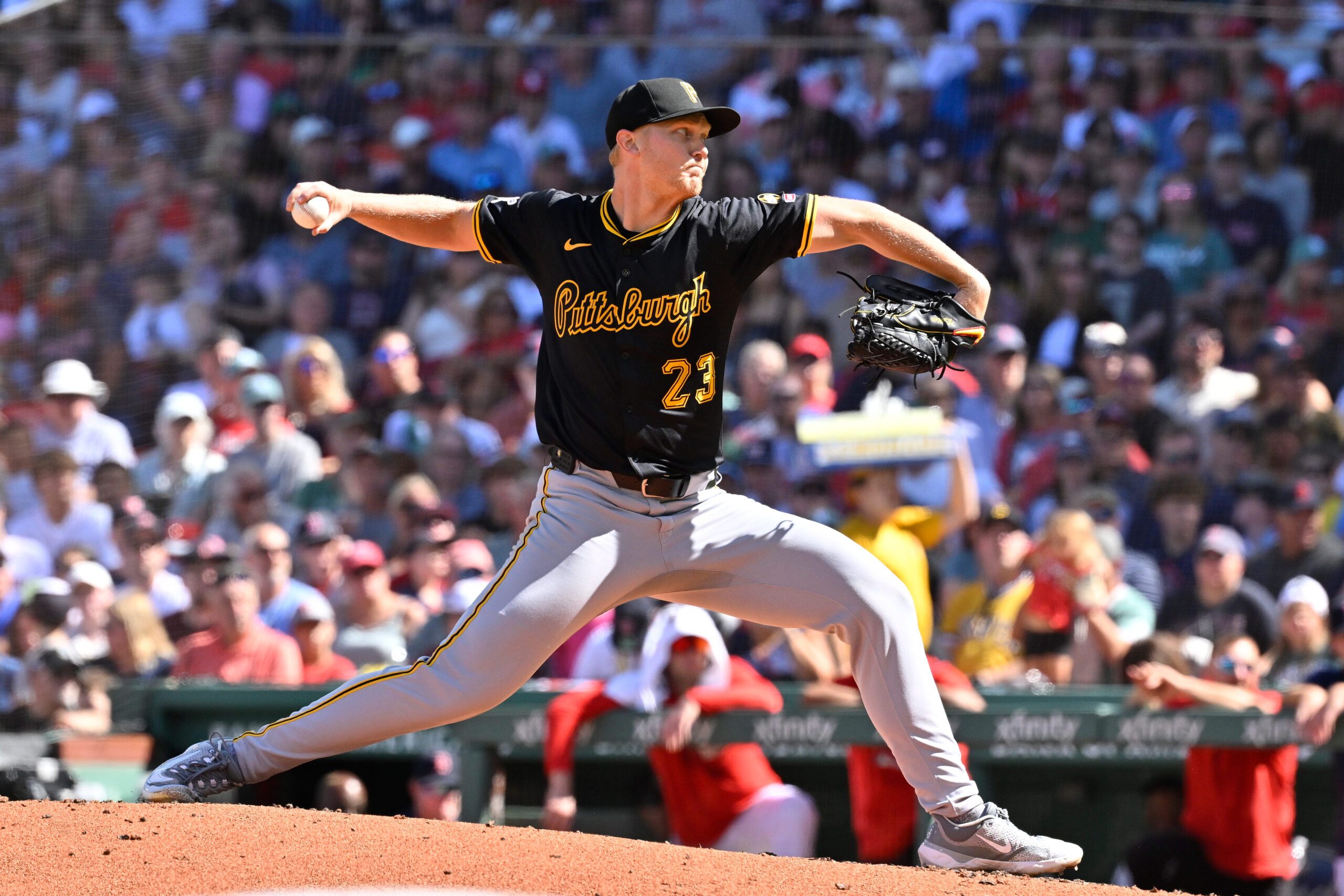 Aug 31, 2025; Boston, Massachusetts, USA; Pittsburgh Pirates starting pitcher Mitch Keller (23) pitches against the Boston Red Sox during the fourth inning at Fenway Park. Mandatory Credit: Eric Canha-Imagn Images
