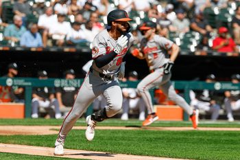 Sep 17, 2025; Chicago, Illinois, USA; Baltimore Orioles third baseman Jeremiah Jackson (82) runs after hitting an RBI-single against the Chicago White Sox during the first inning at Rate Field. Mandatory Credit: Kamil Krzaczynski-Imagn Images