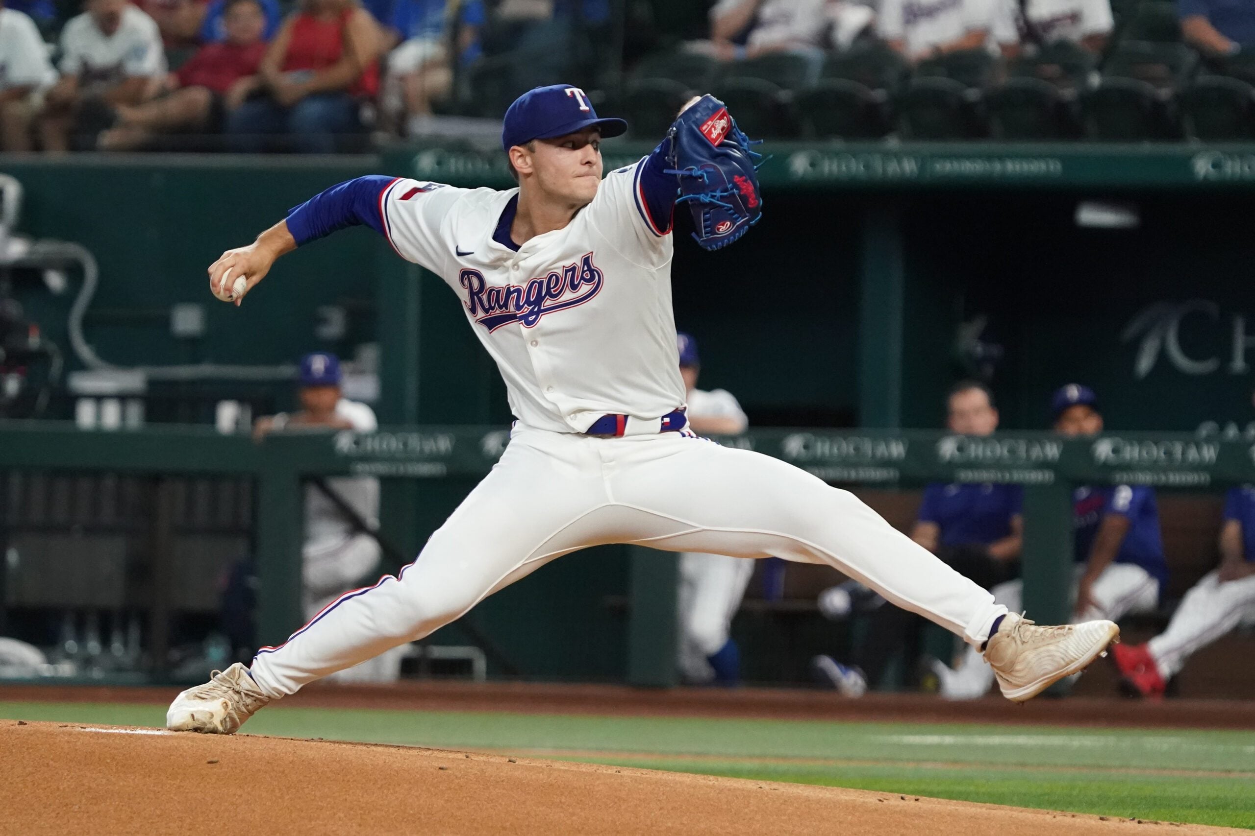 Sep 20, 2025; Arlington, Texas, USA; Texas Rangers pitcher Jack Leiter (35) throws to the plate during the first inning against the Miami Marlins at Globe Life Field. Mandatory Credit: Raymond Carlin III-Imagn Images