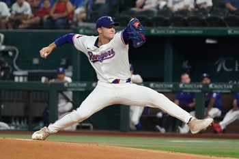 Sep 20, 2025; Arlington, Texas, USA; Texas Rangers pitcher Jack Leiter (35) throws to the plate during the first inning against the Miami Marlins at Globe Life Field. Mandatory Credit: Raymond Carlin III-Imagn Images